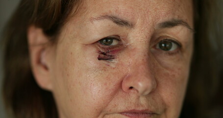 Fototapeta premium Close-up of older woman bruised, scarred face looking to camera