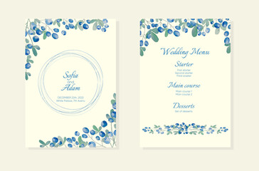 Blue derry vector frames. Hand painted branches, leaves and beeries on white background. Greenery wedding simple minimalist invitations. Watercolor style cards.Elements are isolated and editable