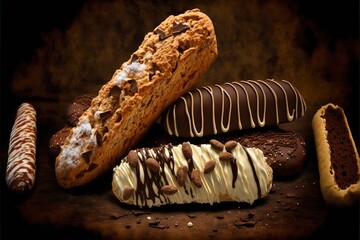  a variety of cookies and pastries on a table with a dark background and a brown background with a white stripe and a brown border with a white stripe and a white stripe and a.