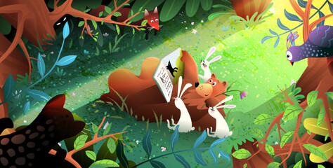 Animals reading a tale book in the fantasy forest lawn. Cute bear reading book to rabbits in the forest. Study and Education cartoon for children. Vector wallpaper illustration in watercolor style.