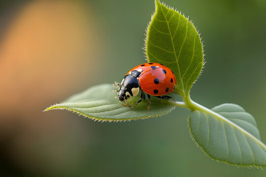 Dedicated image of a ladybird in the garden perched on a plant stem. Generative AI