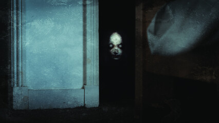A horror concept of a demon with glowing eyes. Looking out from a bedroom cupboard. With a grunge edit
