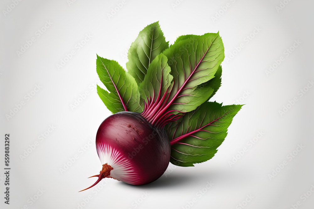 Poster a single beetroot. whole and half beetroot with leaves are separated on a white backdrop using a cli