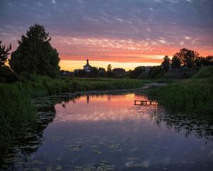 Kamenka River in Suzdal at sunset, Golden Ring Russia.