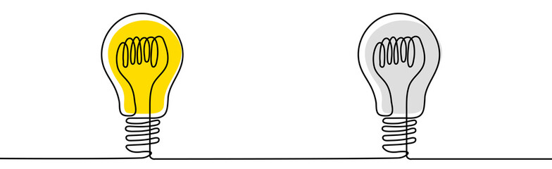 Turned on and off, yellow and gray ontinuous one line drawing of electric light bulb. Concept of idea emergence. Vector illustration