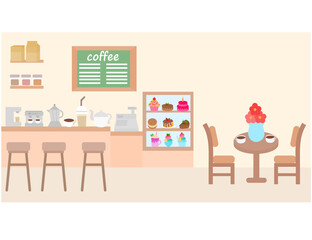Empty cafe interior.Cosy cafeteria.Restaurant or bakery shop.Flat design.Food, drinks, coffee, sweets and cakes.Canteen or kitchen.Bar counter.Sign, symbol, icon or logo.Cartoon vector illustration.