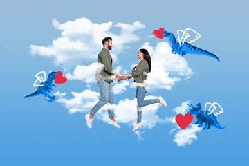 3d creative collage artwork template of charming happy couple celebrating 14 february flying dinos isolated painting background