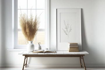Mockup of a horizontal white frame on an antique wooden table and bench. With books and dried Lagurus ovatus grass, a contemporary white porcelain vase. white wall as a backdrop Scandinavian style dec