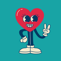 Heart funny cartoon character. Valentines day vector illustrations. Love concept of comic stickers, patches, pins in retro cartoon style.