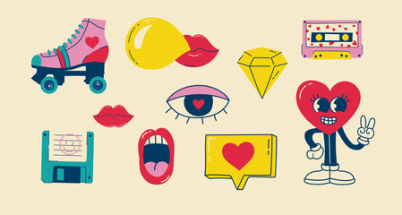 Set of patches for Valentine's day isolated on the background. Fun badges in retro style. Vector pictures of hearts, lips, gifts and other