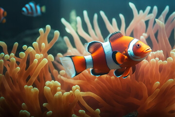Naklejka na ściany i meble Orange Clown fish with corals, Generative AI
