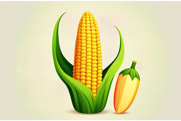 Corn cob symbol in cartoon style on a white backdrop. healthy food flat drawing of an ear of corn. agricultural idea, farming, organic food, harvest. Generative AI