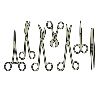 gynecologial surgery instrument kit doodle icon, vector color line illustration