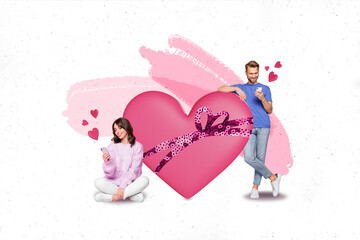 Collage image of pinup pop sketch of smiling couple celebrating 14 february in instagram twitter facebook isolated painting background