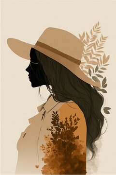 Woman Profile View Wearing Hat, Minimalist, Two Toned Boho, Drawing, Earth Tones, AI Assisted Finalized In Photoshop By Me 