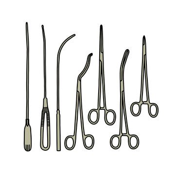 gynecologial surgical instruments doodle icon, vector color line illustration