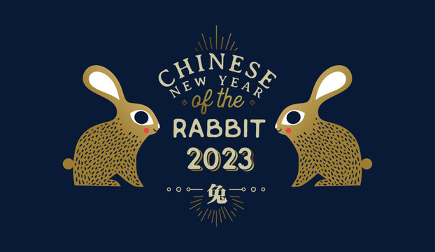 Chinese new year of rabbit 2023 gold bunny cartoon in blue card