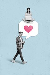 Creative retro 3d magazine collage image of charming couple writing sms twitter telegram facebook...