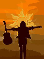 Silhouette of a girl with a guitar against the backdrop of the sun with a mountain landscape.
