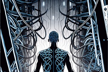 Science fiction , a man among black cables