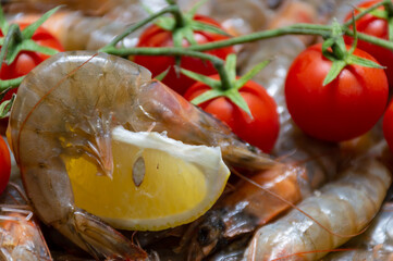 Fresh shrimps with tomatoes and lemon