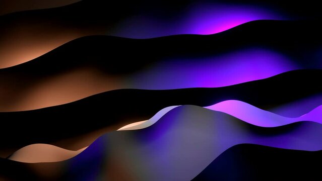 Wavy stripes in flow of moving surface. Design. Flow of wavy surface moving with parallel reflection. Virtual wavy stripes move and are reflected on black background