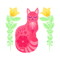 Beautiful pink cat with yellow flowers. Artistic colorful vector illustration. For your design of prints, posters, cards, interior decorations and so on.
