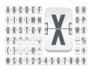Narrow white flip board font with numbers for showing stock exchange rates. Airport terminal mechanical scoreboard alphabet to display finance info and timetable vector illustration