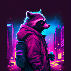 Vaporwave raccoon in street clothes ai art - obrazy, fototapety, plakaty