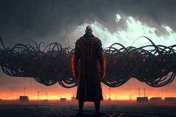 Science fiction , a man among black cables