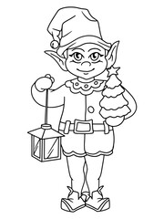 Santa helper, a gnome in a suit with a Christmas tree and a flashlight. Vector coloring