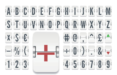 Vector illustration of white airline flip board alphabet for stock exchange rates. Airport terminal mechanical scoreboard font for trip departure information or finance info