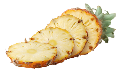 Unpeeled pineapple slices in a row cut out