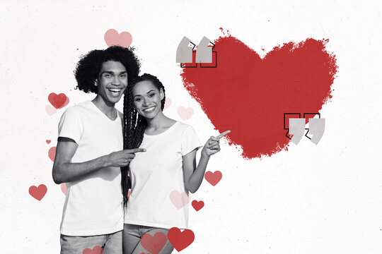 Collage photo poster of greetings happy valentine day positive couple directing fingers drawing creative red heart isolated on white background