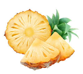 Fresh pieces of unpeeled pineapple fruit cut out