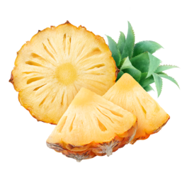Fresh pieces of unpeeled pineapple fruit cut out