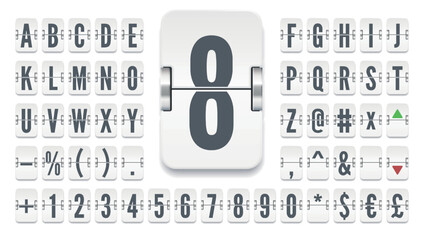 White terminal mechanical scoreboard font to display advertising message or finance info vector illustration. Airport flip board alphabet for showing stock exchange rates information.
