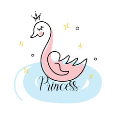Cute princess swan on white background. Hand drawn design for print, card, clothes. Vector illustration.