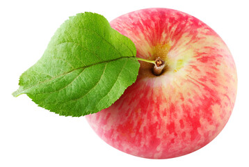 One striped red apple with leaf view from above, cut out