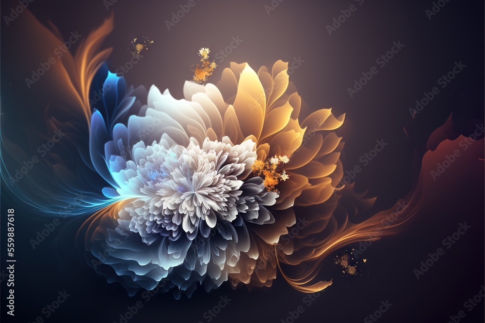 Poster a colorful flower with a butterfly flying over it's head and wings on a dark background with a butte