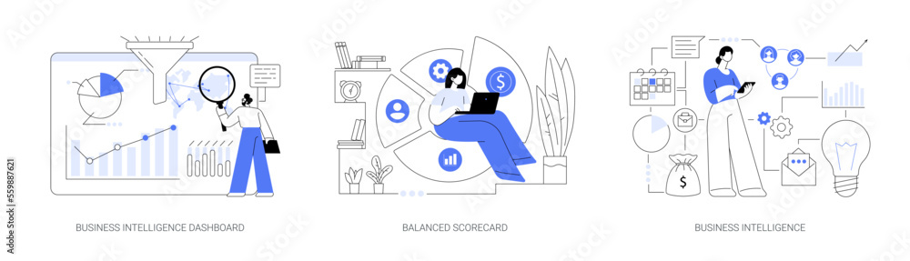 Poster performance data visualization abstract concept vector illustrations.