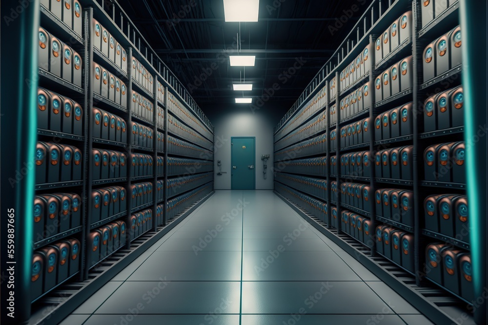 Poster a long hallway with rows of metal cans on the floor and a door in the middle of the aisle with a lig