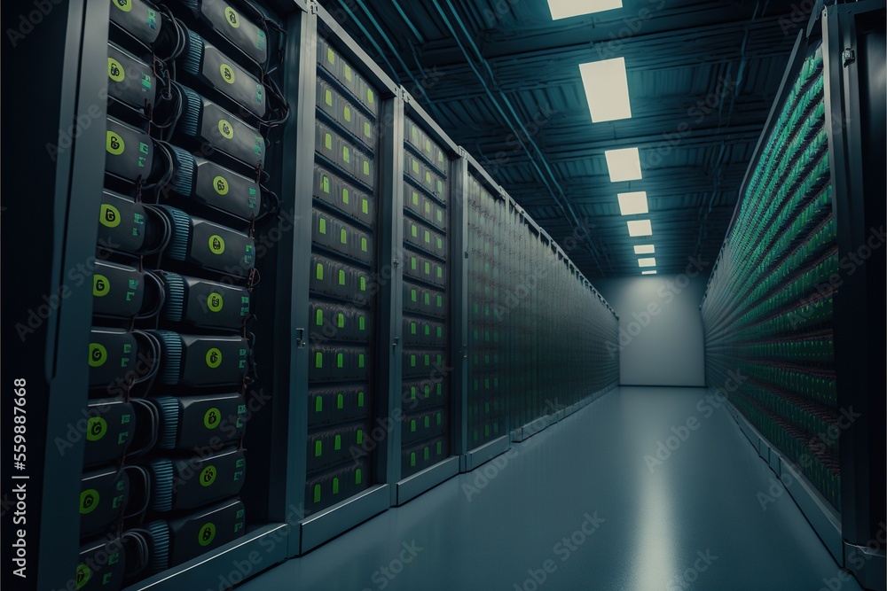 Poster a long hallway with rows of servers in a data center with a bright light coming from the ceiling and