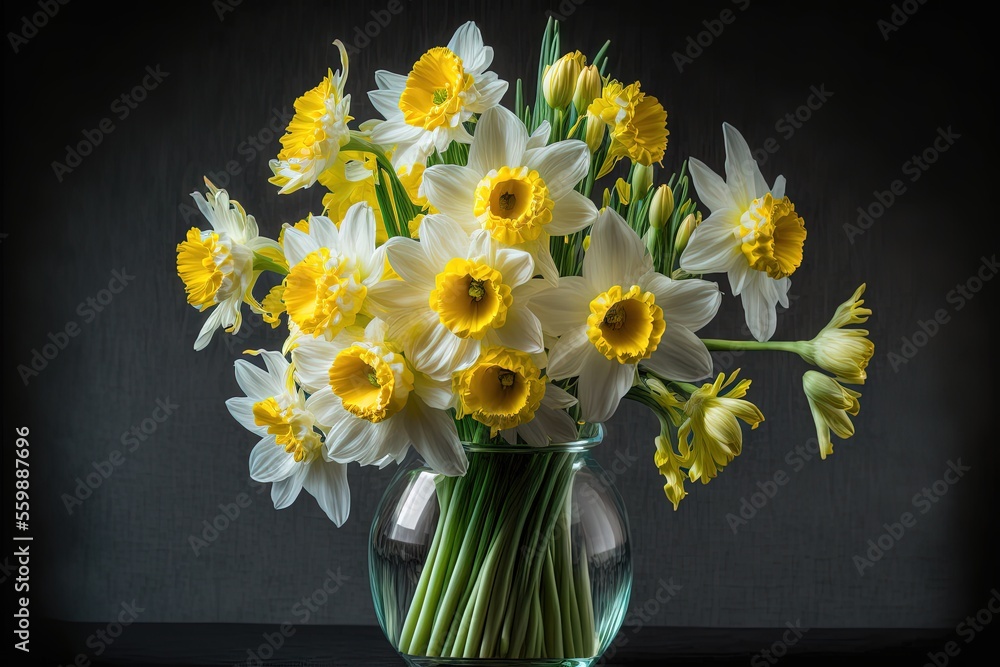 Poster a vase filled with yellow and white flowers on a table next to a wall and a black background with a 