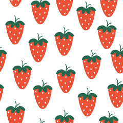 Seamless pattern with cartoon red strawberries. Summer childish print. Vector hand drawn illustration.