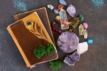 Fototapeta na wymiar Gemstones mixed set for relax and meditation. Magic ball and minerals for Reiki life balance, healing Crystal Ritual, Witchcraft, spiritual esoteric practice. Flat lay with copy space