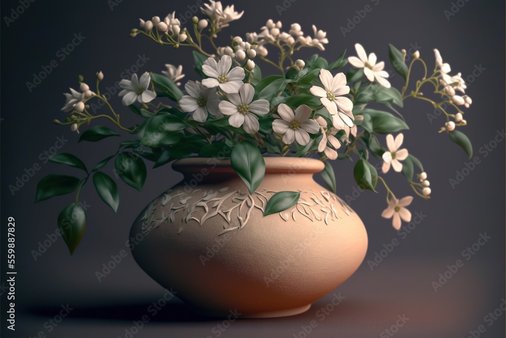 Poster a vase with flowers in it on a table top with a dark background behind it and a black background beh