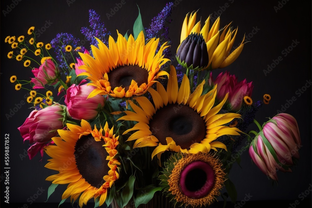 Poster a vase filled with lots of different colored flowers on a table top next to a wall with a black back