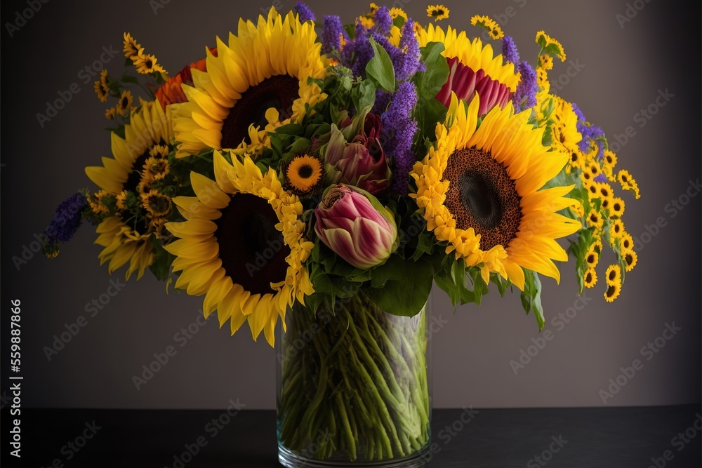 Poster a vase filled with lots of different types of flowers on a table top with a gray background and a bl