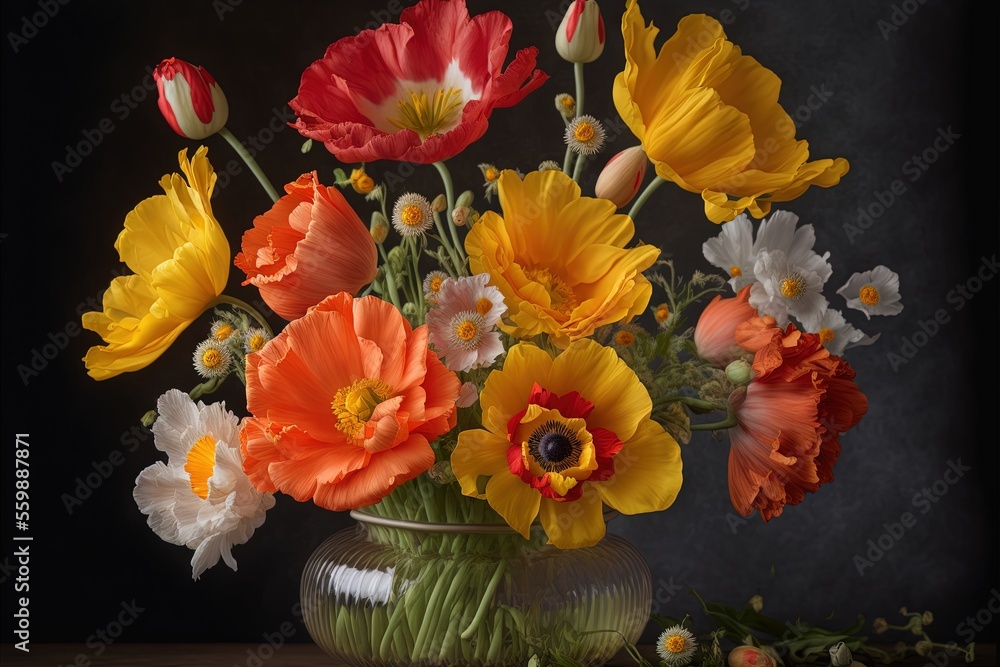 Poster a vase filled with lots of colorful flowers on a table next to a wall and a black background behind 